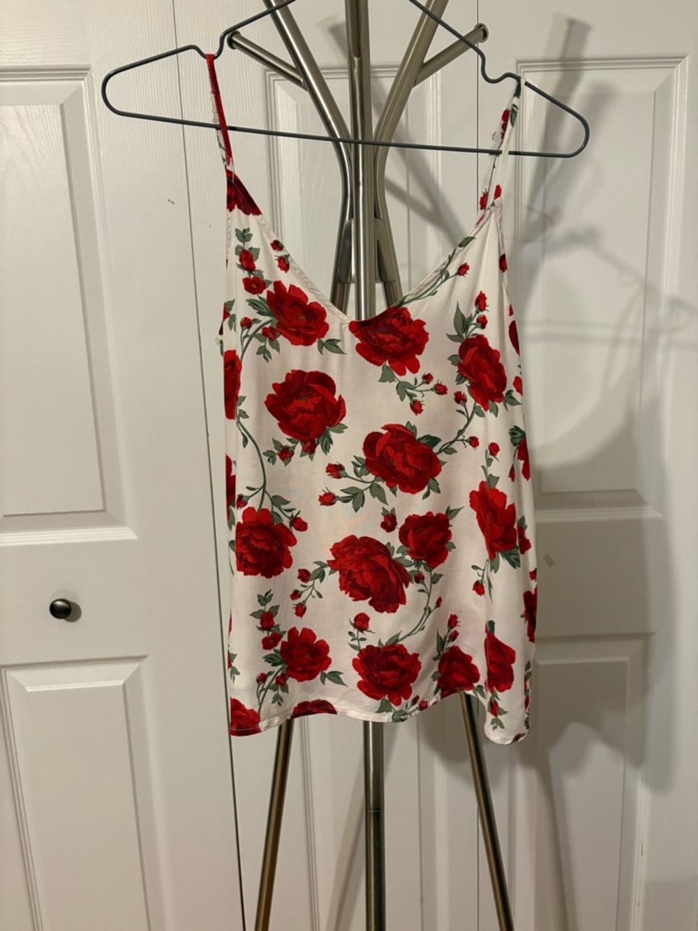 H&M White Cami with Red Rose Floral Print